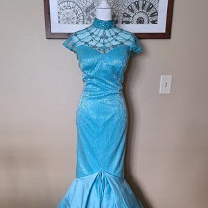 Custom Made Light Blue Liquid Beaded Mermaid Gown